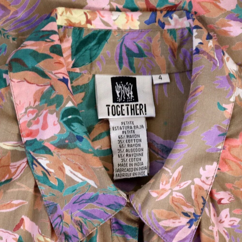 Vintage 1980s/1990s Tan Tropical Floral Belted Midi Dress Small/Medium - Picture 8 of 8